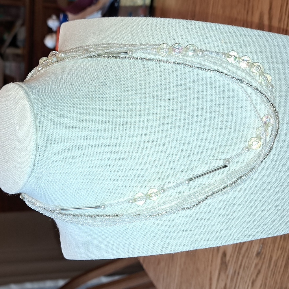5 Strand Gold toned Bead Necklace with Faux Pearls and Faux Crystal Beads